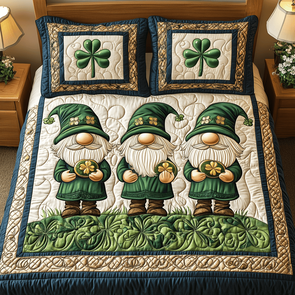 Lucky Gnome Haven Quilted Bedding Set Gnome Gifts For Christmas