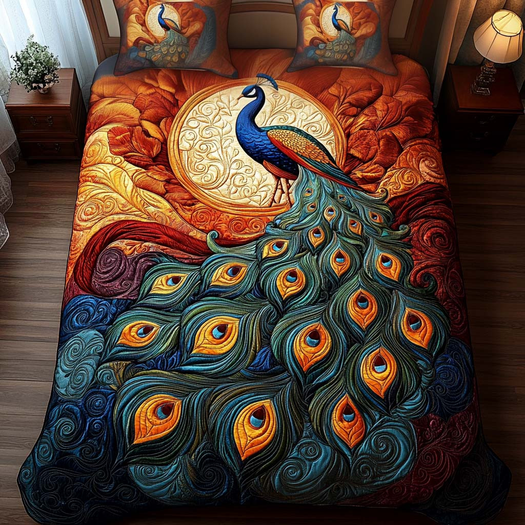 Majestic Peacock Glow Quilted Bedding Set Presents For Bird Lovers