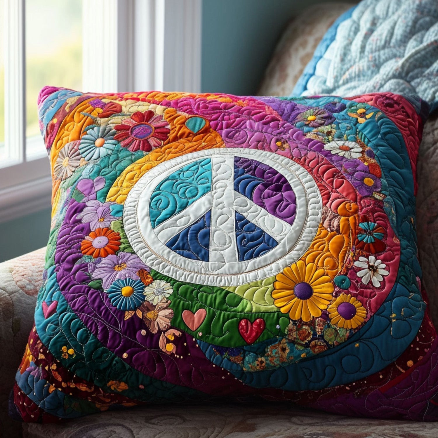 Make Love Not War Quilted Pillow Case Decorative Pillow Covers Hippie Christmas Gifts