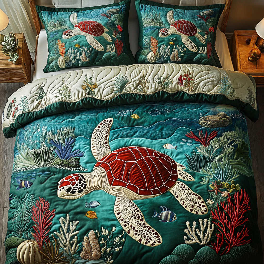 Marine Harmony Quilted Bedding Set Unique Gifts For Turtle Lovers
