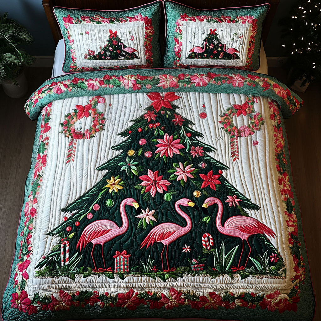 Merry Flamingos Tree Quilted Bedding Set Flamingo Christmas Gifts