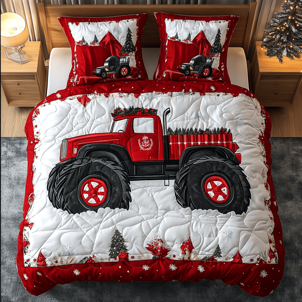 Merry Monster Truck Quilted Bedding Set Perfect Gift For Girlfriend