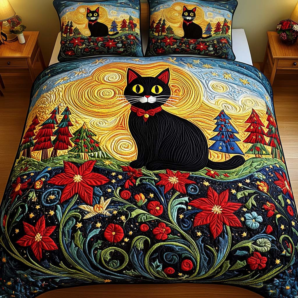Midnight Meadow Quilted Bedding Set Cat Presents For Christmas