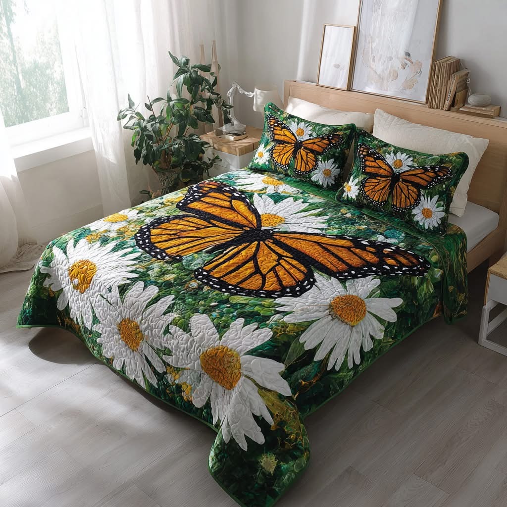 Monarch Butterfly And Daisy Quilted Bedding Set Nature Themed Bed Decor Butterfly Lovers Gifts