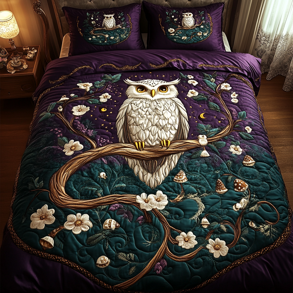 Moonlit Perch Quilted Bedding Set Gifts For Owl Lovers