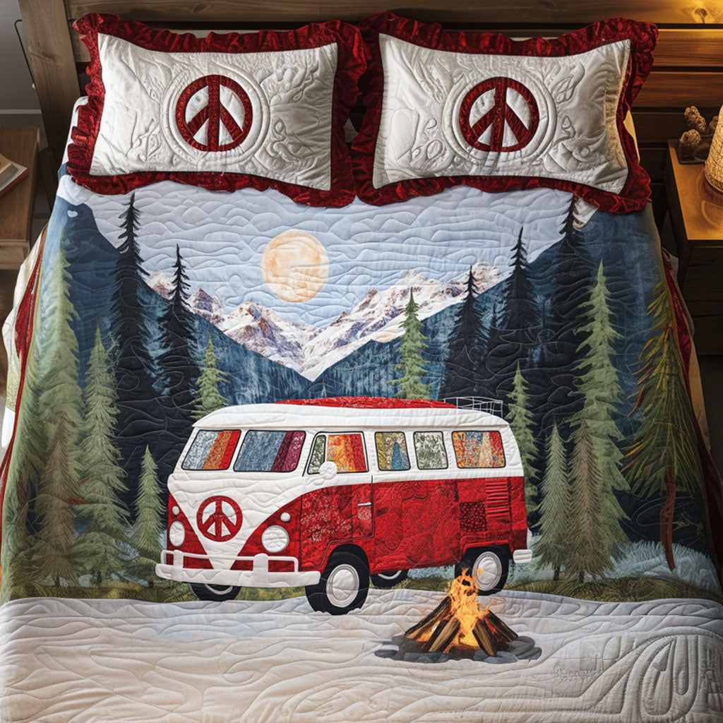 Moonlit Road Trip Quilted Bedding Set Cute Room Decor Hippie Gifts For Mom