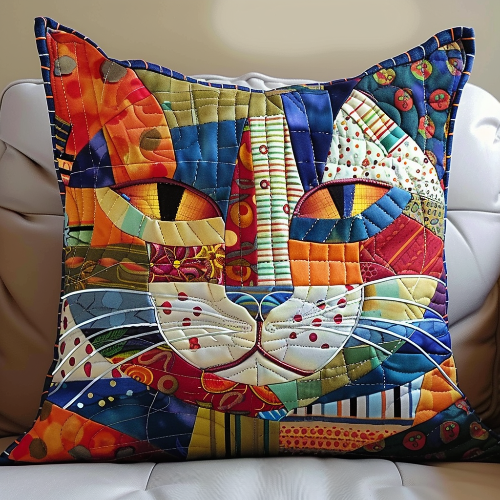 Mosaic Feline Quilted Pillow Case Animal Home Decor Cute Cat Gifts For Xmas Christmas