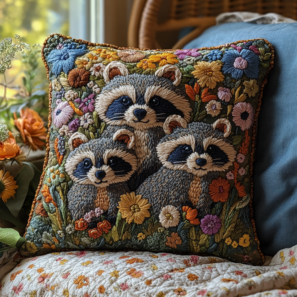 Mossy Hollow Raccoon Quilted Pillow Case Decorative Pillow Covers Raccoon Gifts For Christmas