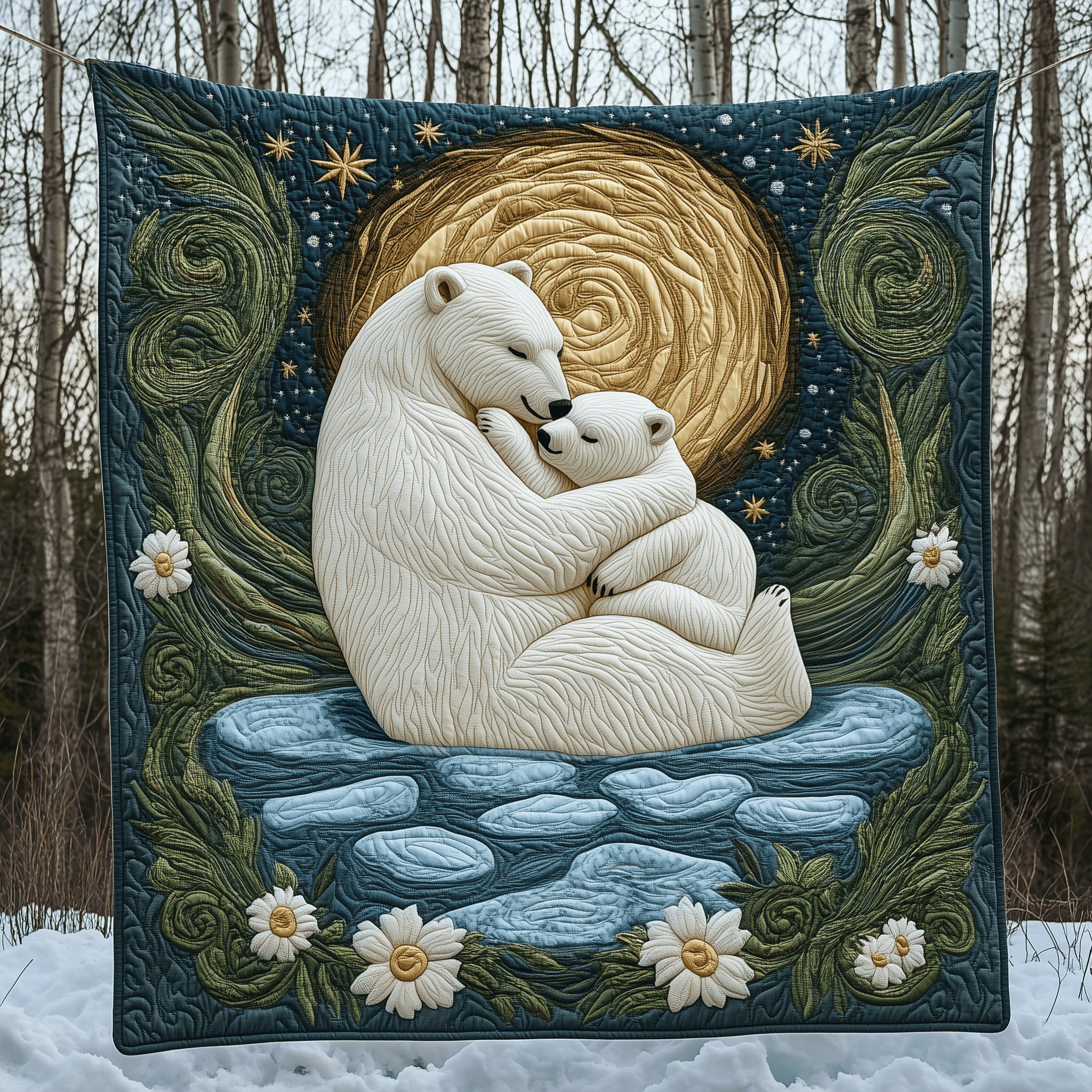 Mother And Baby Polar Bear Quilted Blanket Cute Throw Blanket Christmas Gifts For Bear Owners