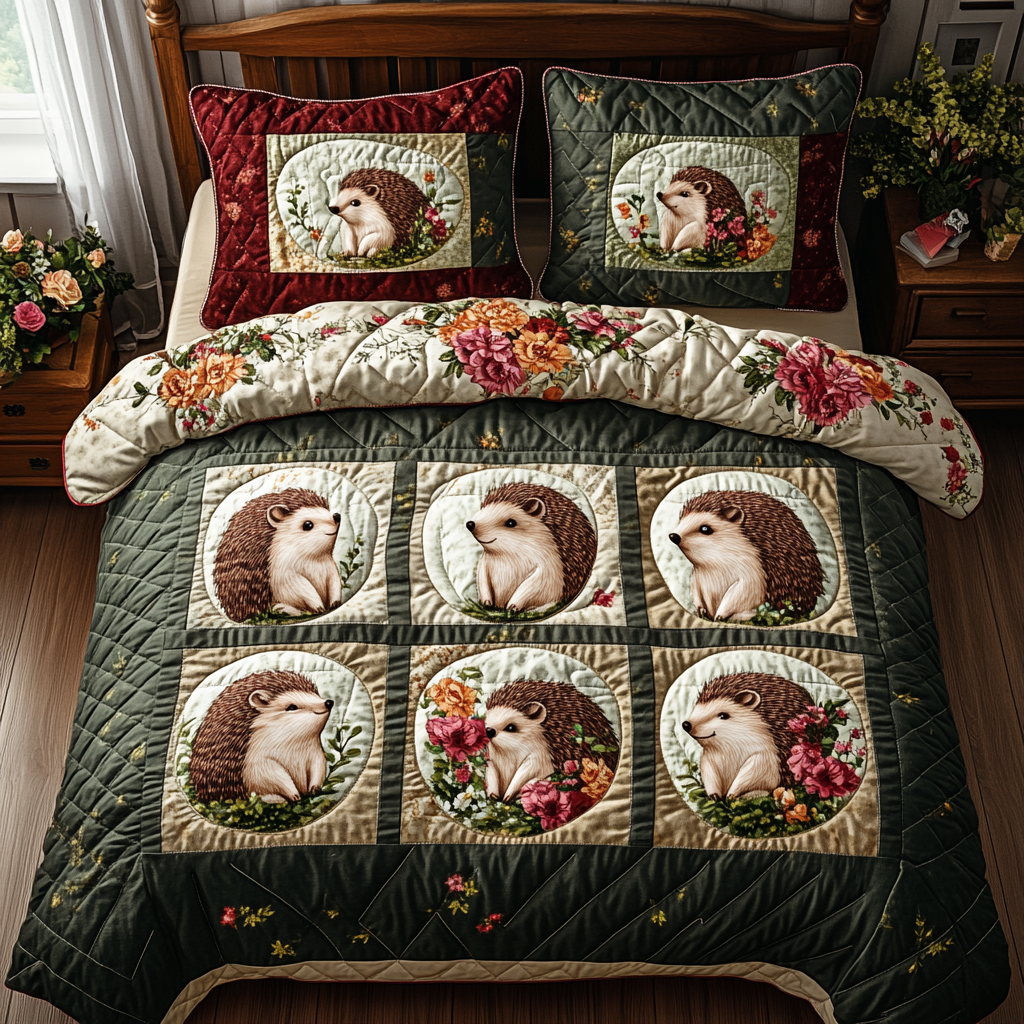 Mushroom and Spines Quilted Bedding Set Bed Room Decoration Gift For Hedgehog Owners