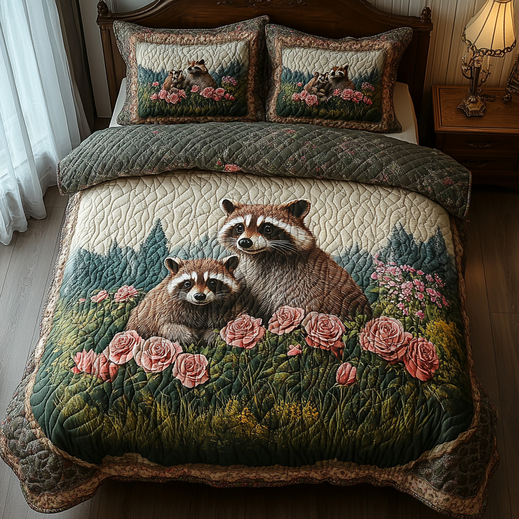 Mushroom Grove Raccoon Quilted Bedding Set Bedroom Decor Raccoon Gifts For Guys