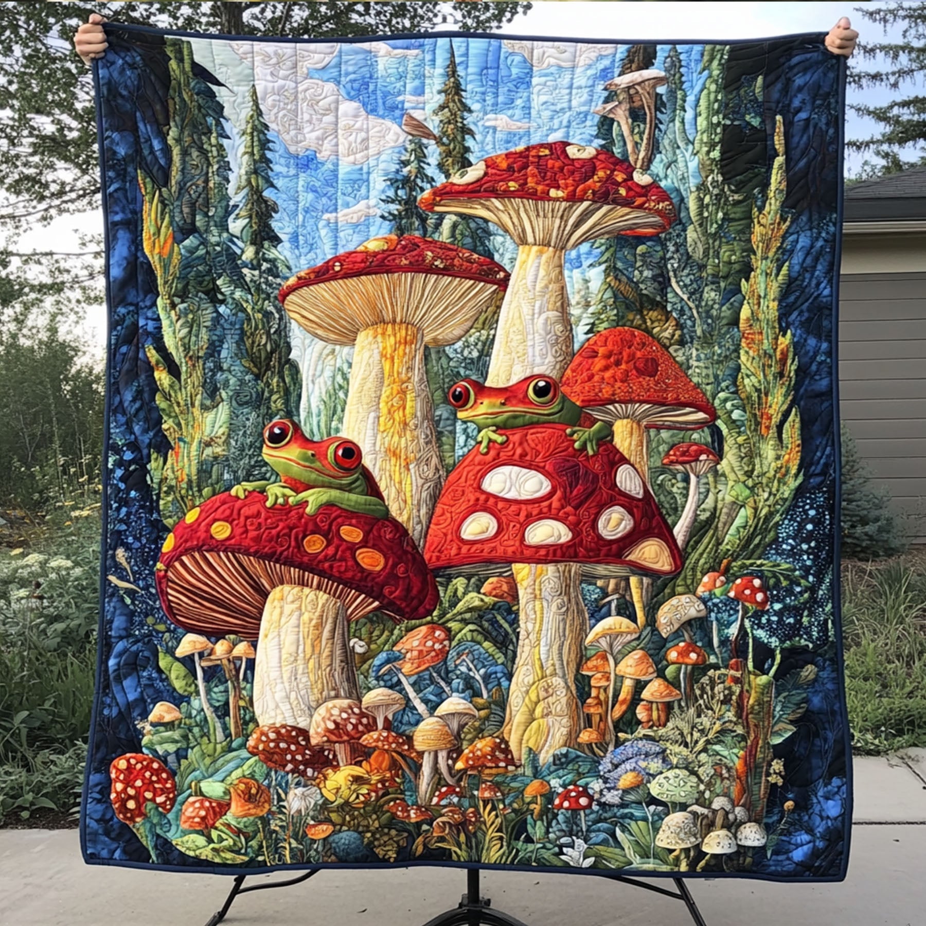 Mushroom Meadow Frogs Quilted Blanket Christmas Bedroom Decor Cute Frog Themed Gifts