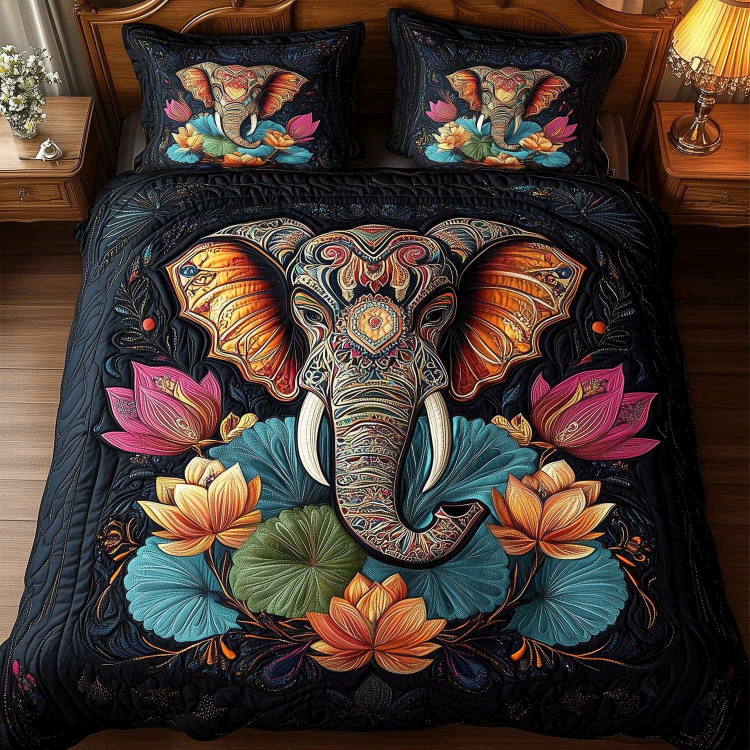 Mystic Lotus Elephant Quilted Bedding Set Elephant Themed Gifts