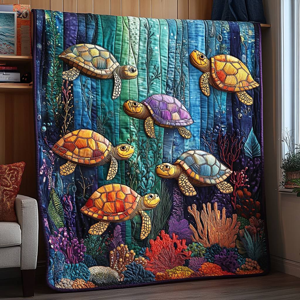 Mystic Tides Quilted Blanket Winter Decor Blanket Turtle Gifts For Her