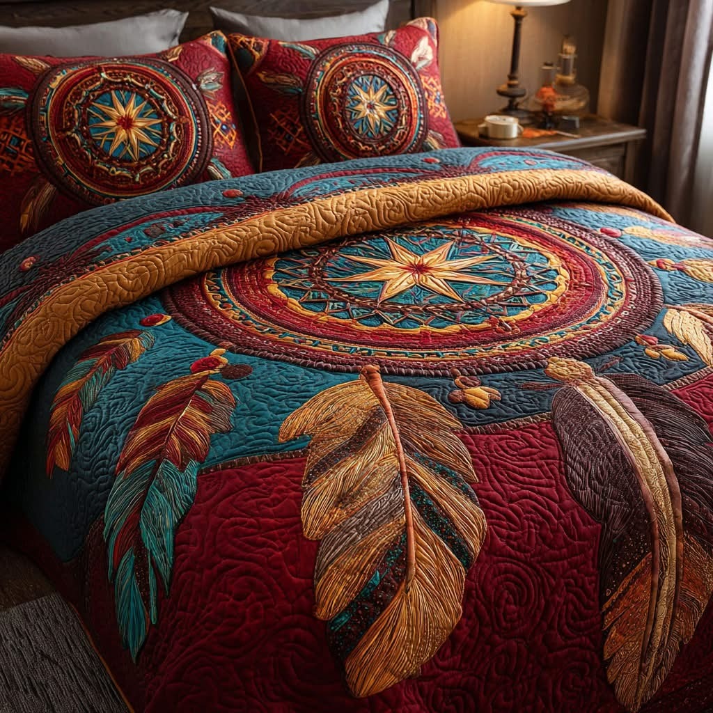 Native American Feather Quilted Bedding Set Dreamcatcher Bedspread Set Bedroom Decorations