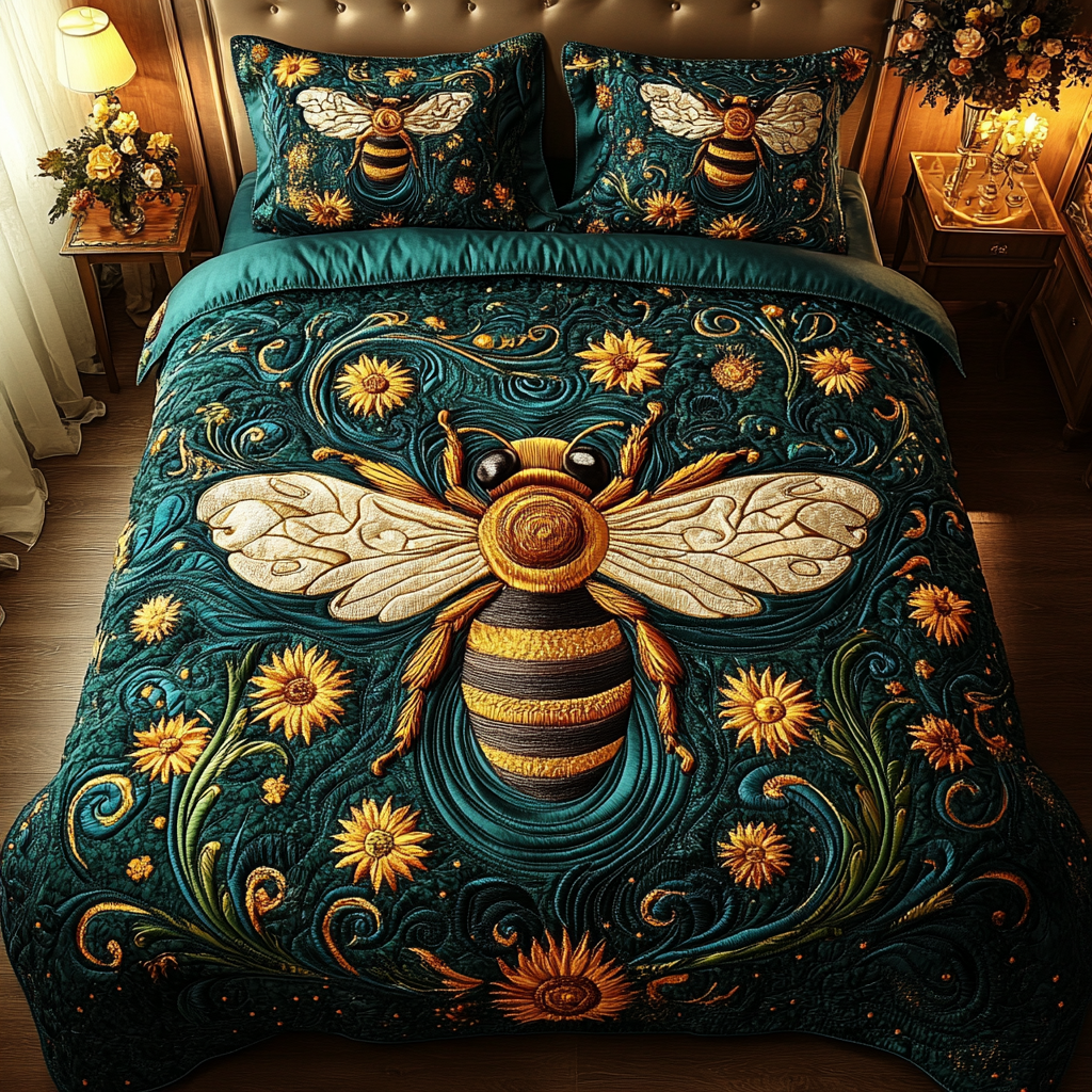 Nature Buzz Quilted Bedding Set Bumble Bee Gifts For Women