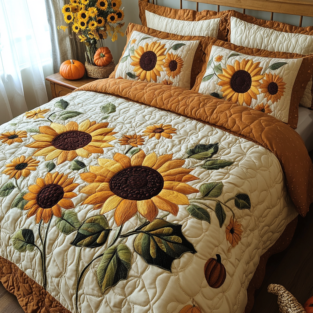 Nature Glow Quilted Bedding Set Sunflower Theme Gifts