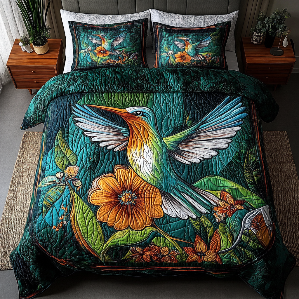 Nectar Dancer Quilted Bedding Set Bedroom Decor Hummingbird Themed Gift Items