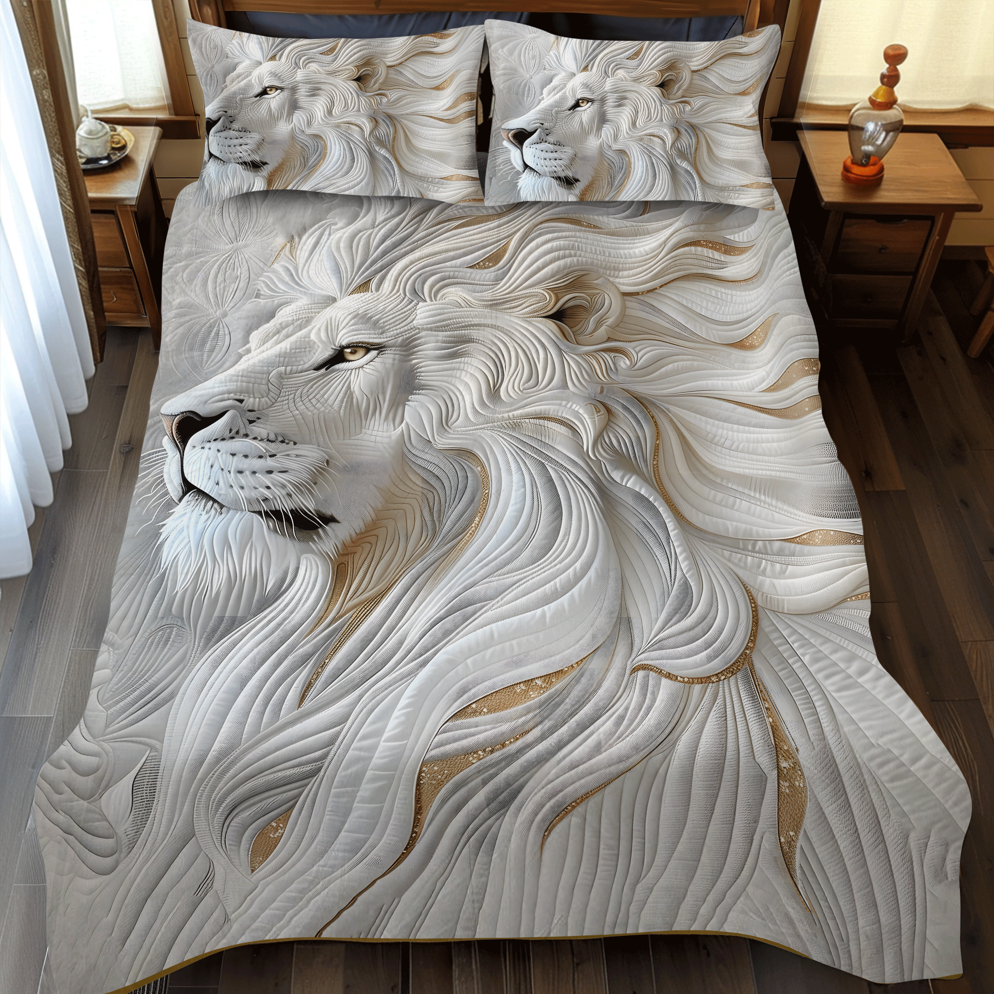 Noble Strength Quilted Bedding Set Gifts For Lion Lovers