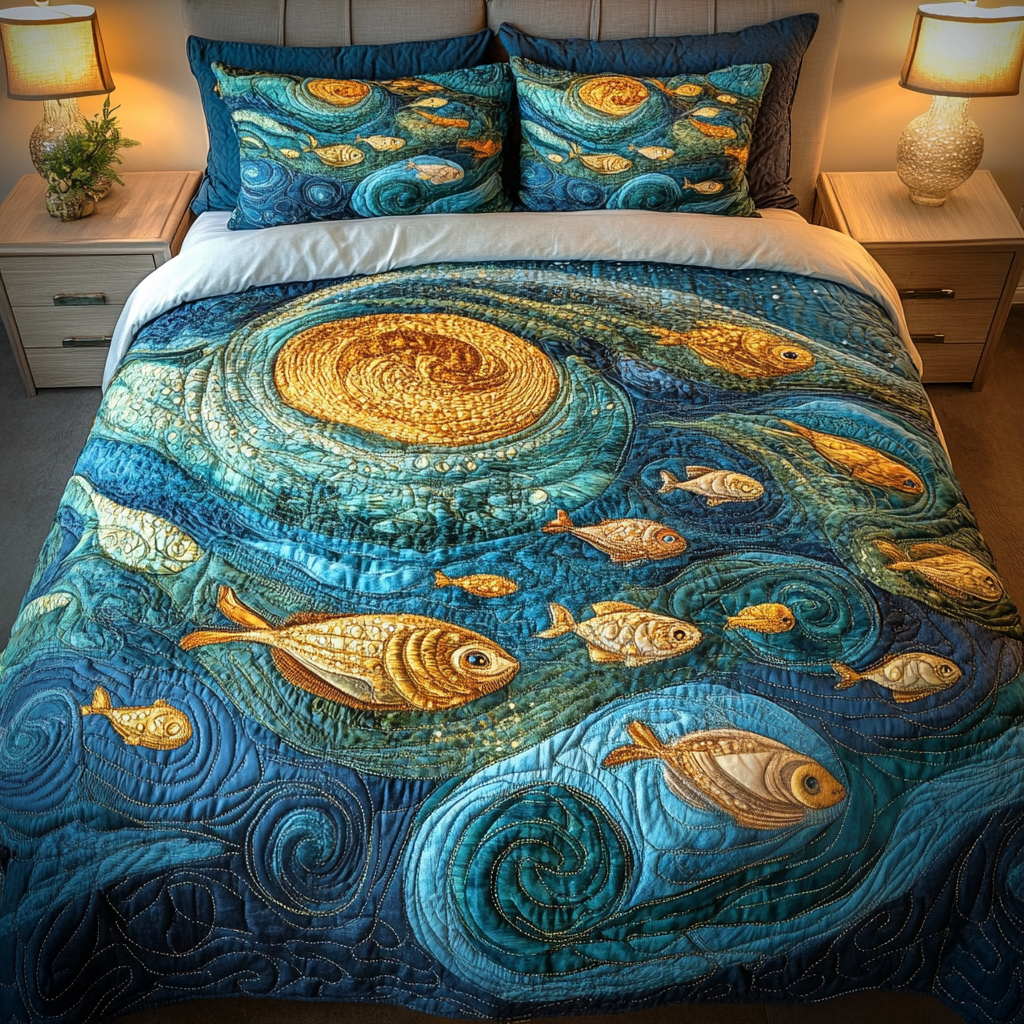 Ocean Swirl Quilted Bedding Set Gifts For Ocean Lovers