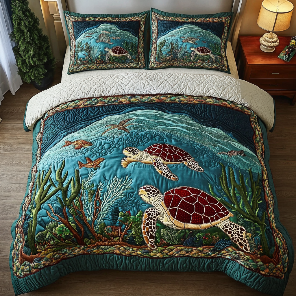 Ocean Wanderer Quilted Bedding Set Gift For Turtle Lover