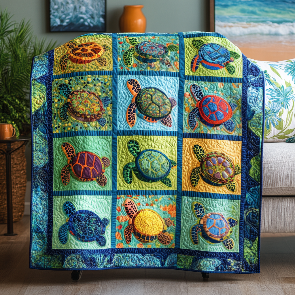Oceanic Harmony Quilted Blanket Winter Decor Blanket Sea Turtle Gifts For Her