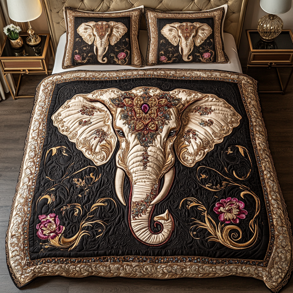 Ornate Elephant Quilted Bedding Set Gift For Elephant Lover