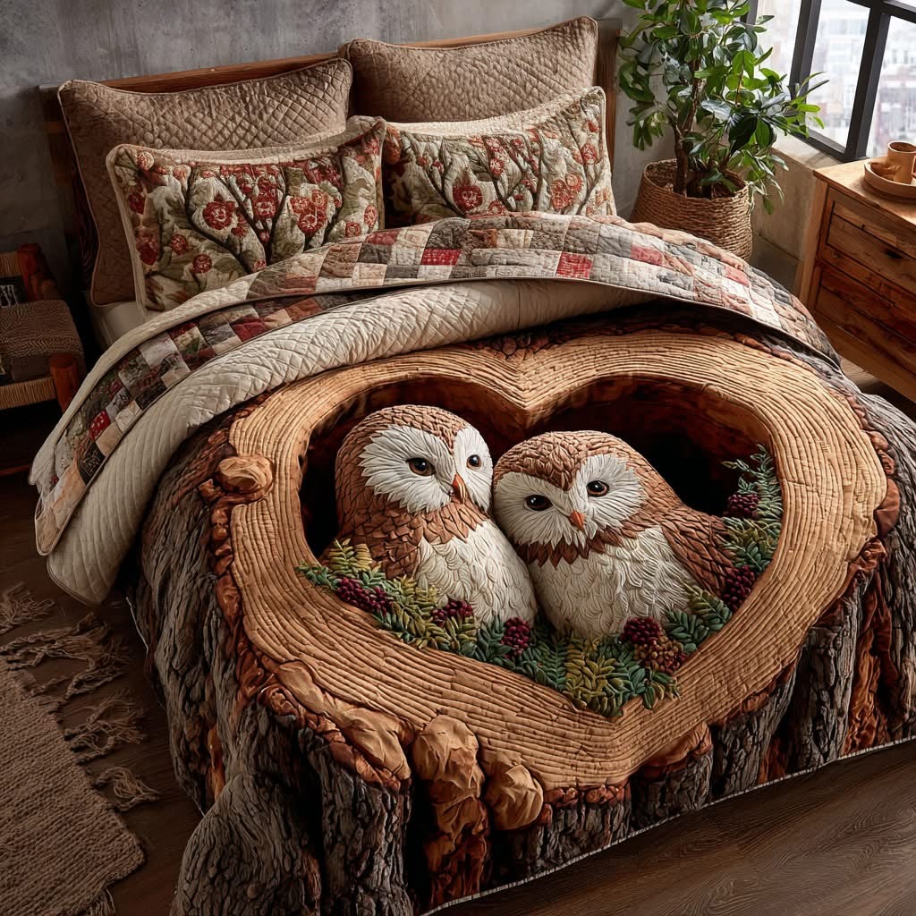 Owl Heart Nest Quilted Bedding Set Romantic Owl Lover Bedroom Decor Valentines Day Gifts