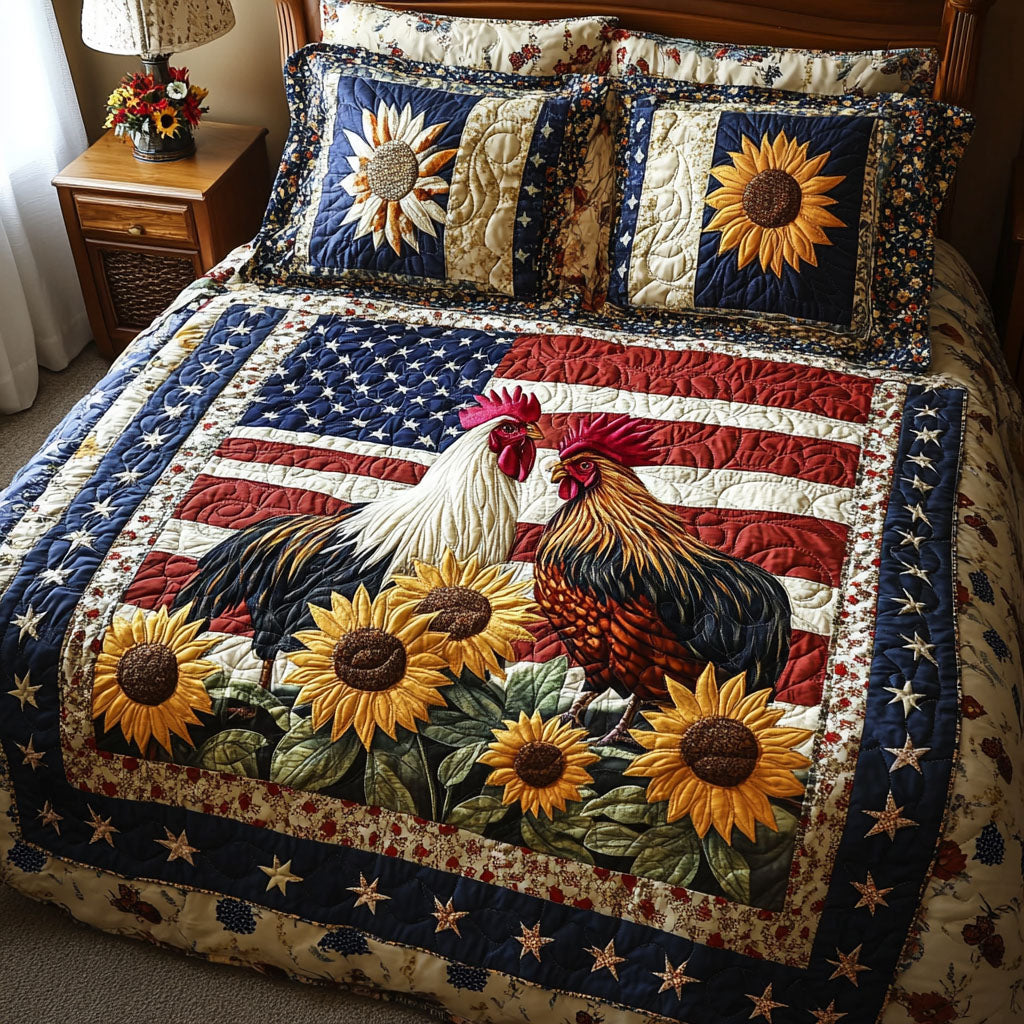 Patriotic Rooster Quilted Bedding Set Gifts For Chicken Owners