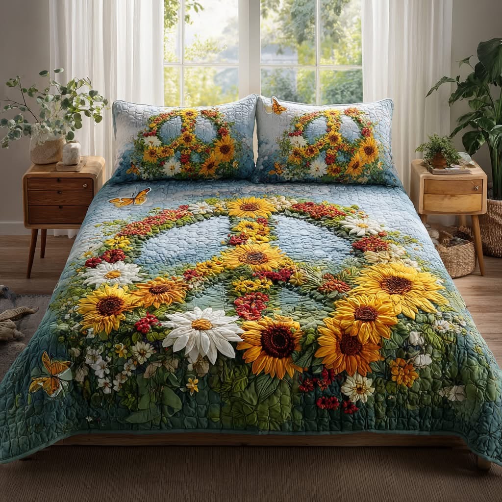 Peace Bloom Meadow Quilted Bedding Set Floral Peace Symbol Bedspread Set Bed Decoration