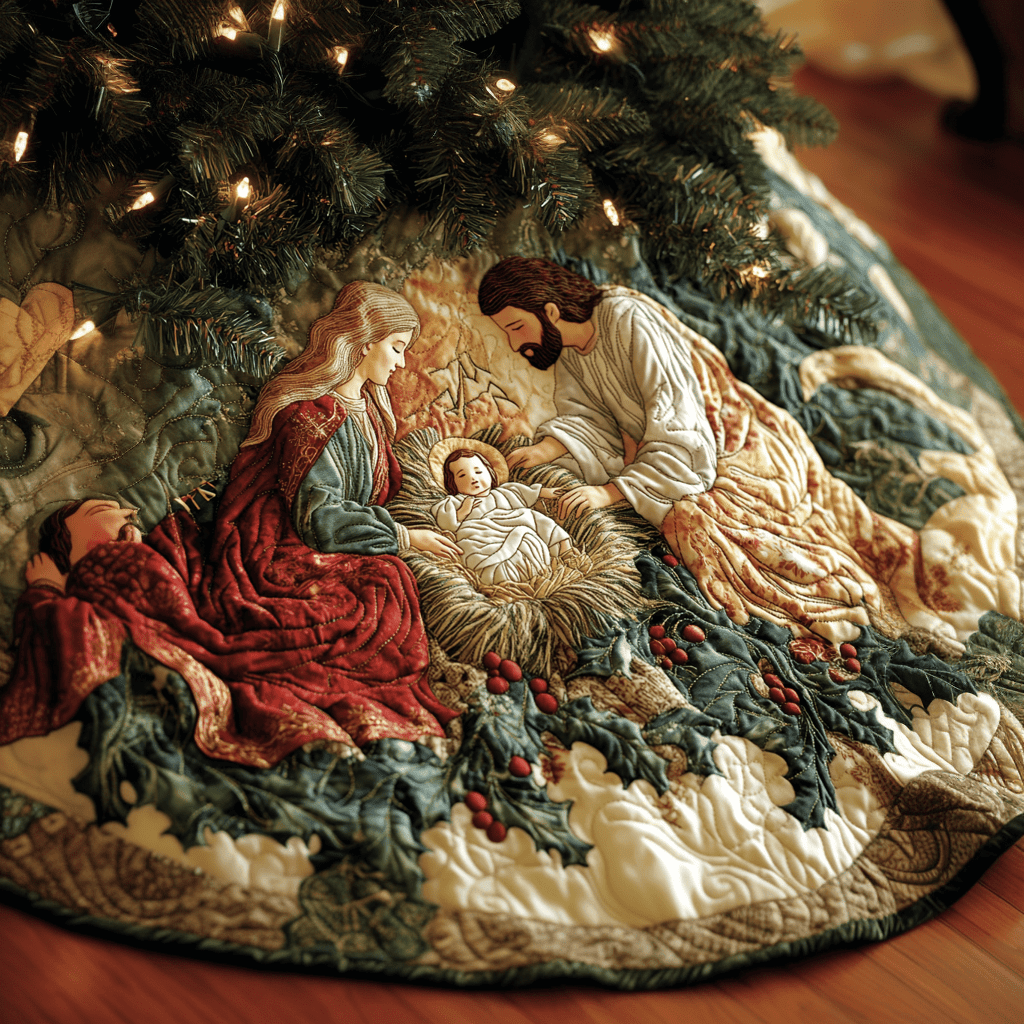 Peaceful Nativity Christmas Quilted Tree Skirt With Nativity Scene Christmas Tree Skirt