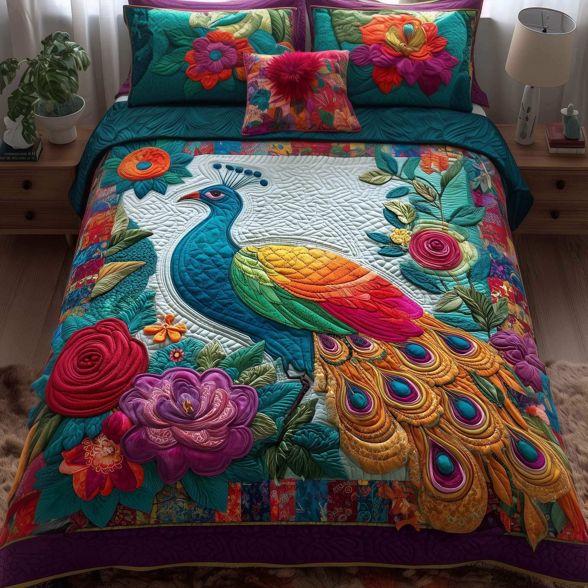 Peacock Serene Quilted Bedding Set Colorful Bedspread Set Best Gifts For Peacock Lovers