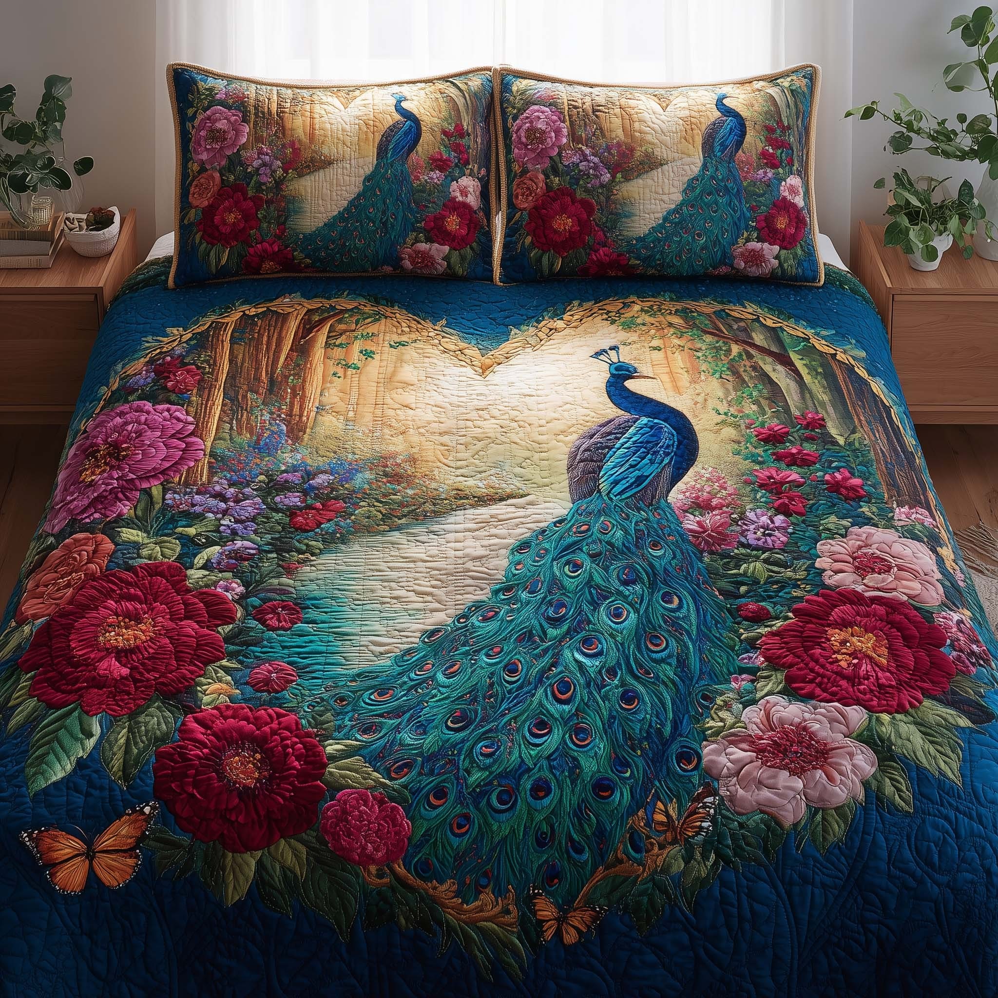 Peacock Serenity Quilted Bedding Set Floral Nature Bedroom Decor Best Gifts For Peacock Lovers