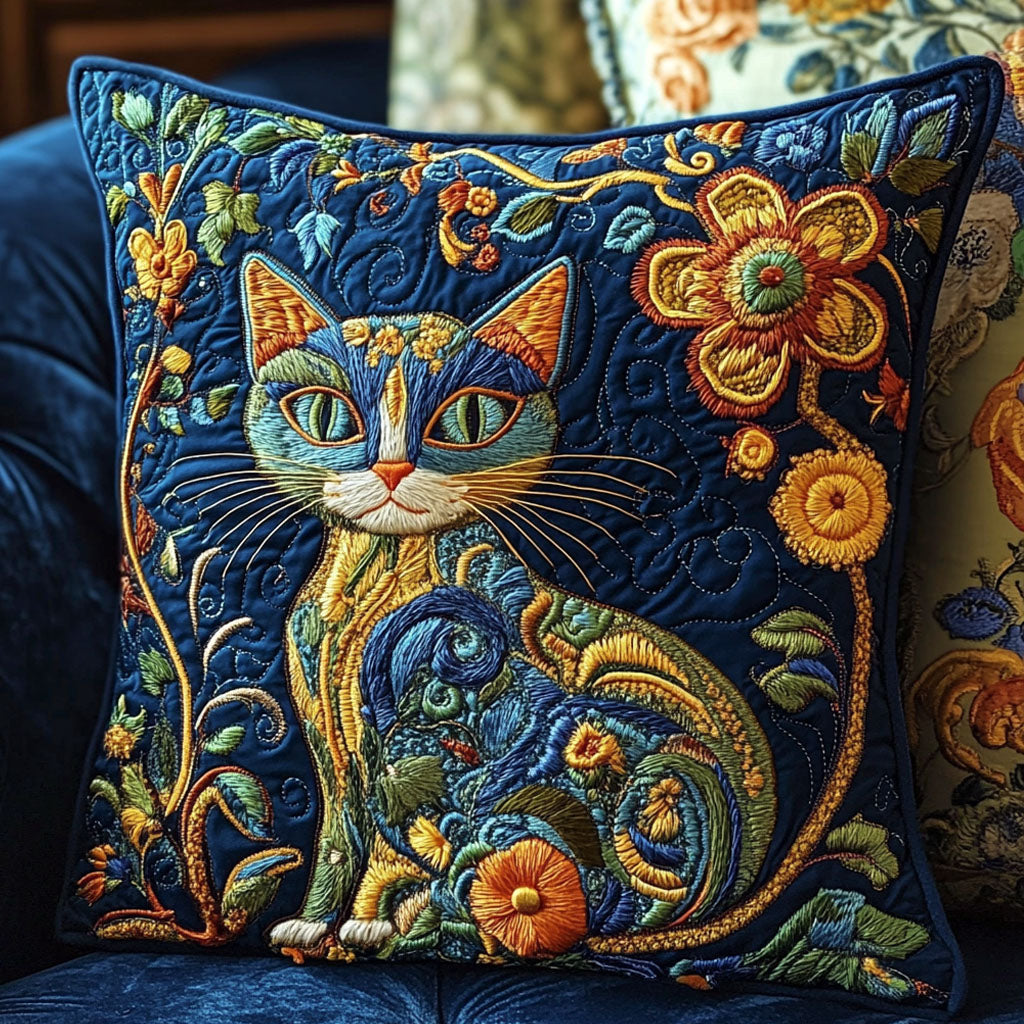 Playful Cat Blossom Quilted Pillow Case Decorative Pillow Cases Items For Cat Lovers