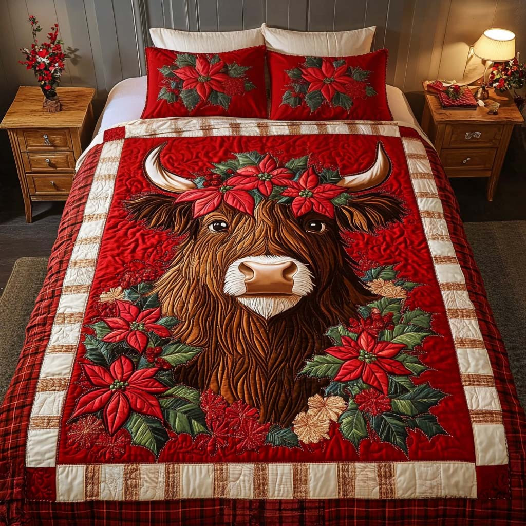 Poinsettia Bliss Quilted Bedding Set Cowboy Christmas Gift