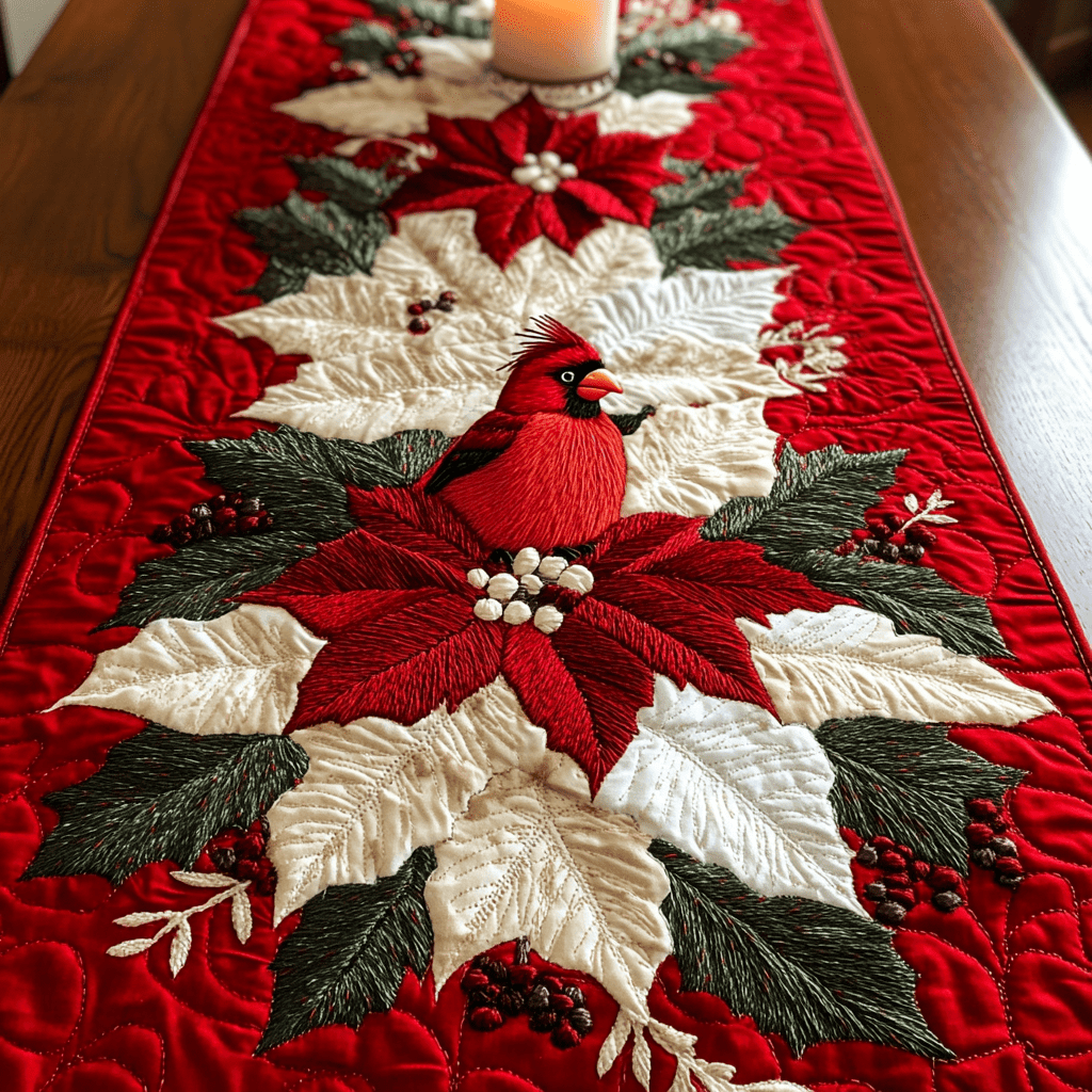 Poinsettia Cardinal Quilted Table Runner Holiday Xmas Gifts For Cardinal Lovers