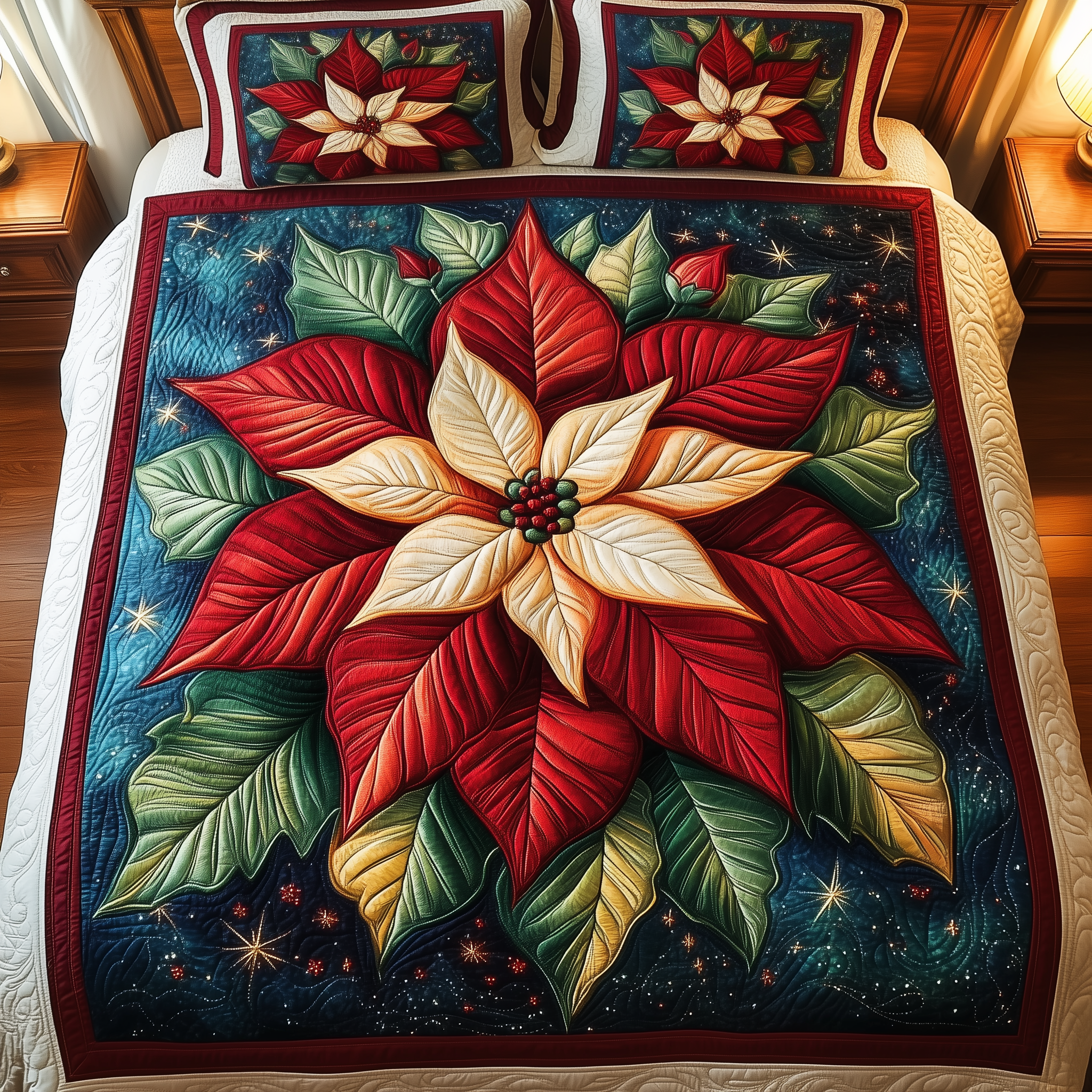 Poinsettia Dreams Quilted Bedding Set Christmas Throw Blanket