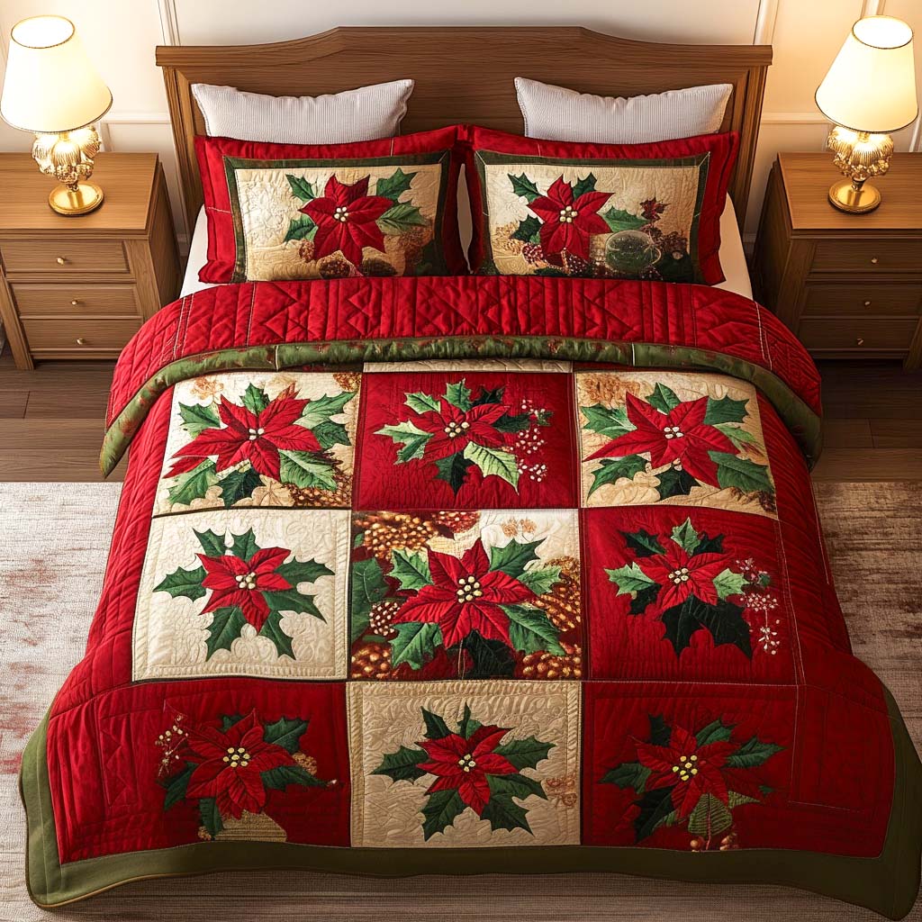 Poinsettia Elegance Quilted Bedding Set Christmas Gifts For Him