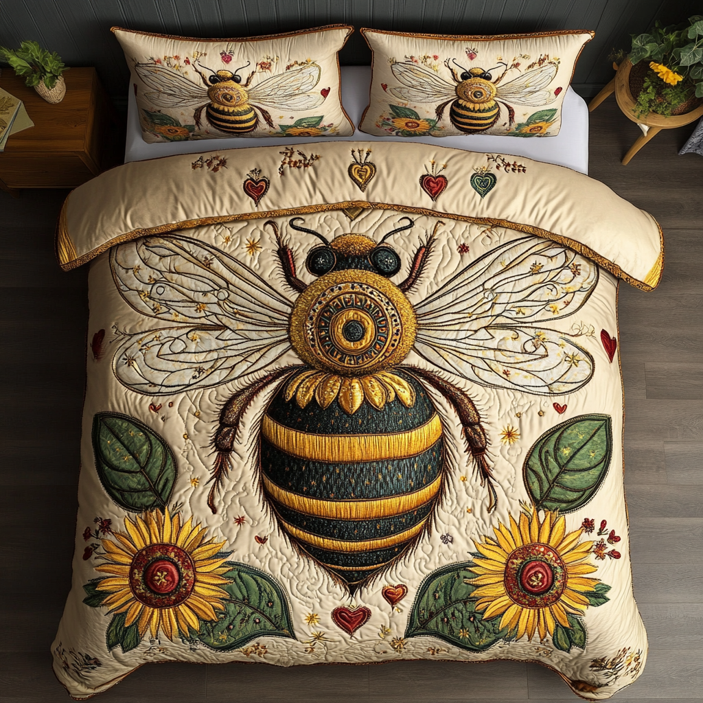 Pollinator Paradise Quilted Bedding Set Bee Gifts For Him