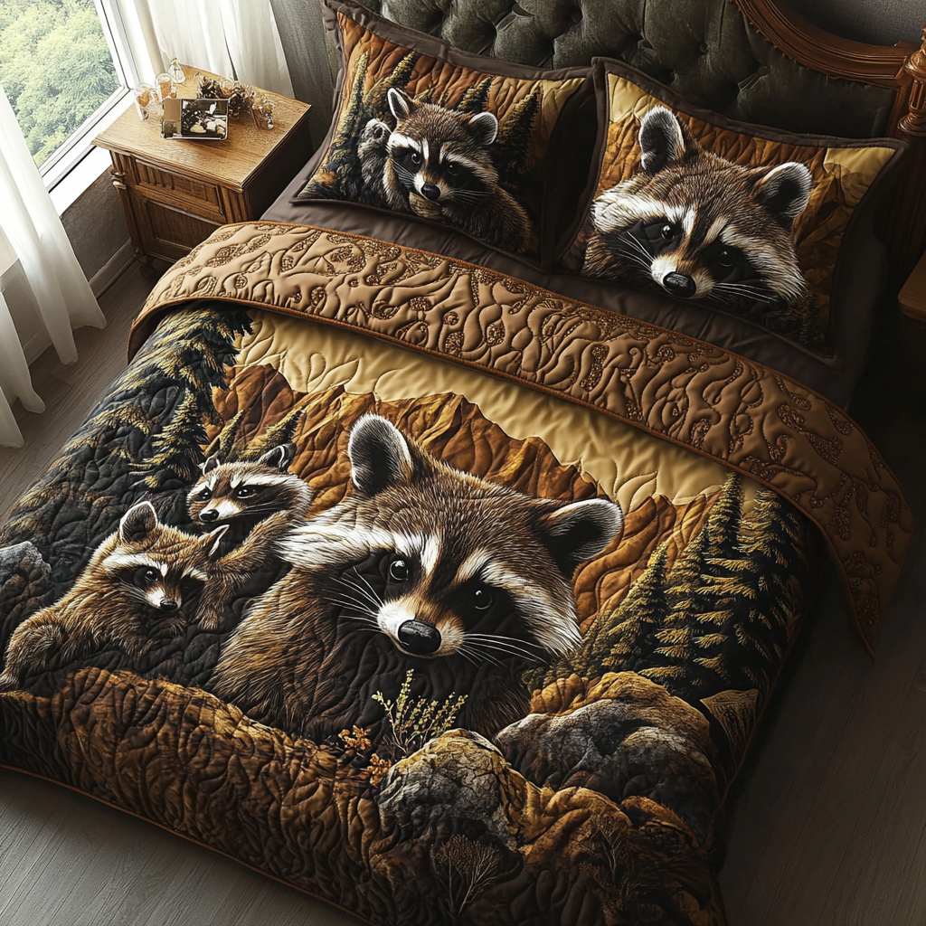 Raccoon Family Quilted Bedding Set Bedroom Decorations Raccoon Themed Gifts