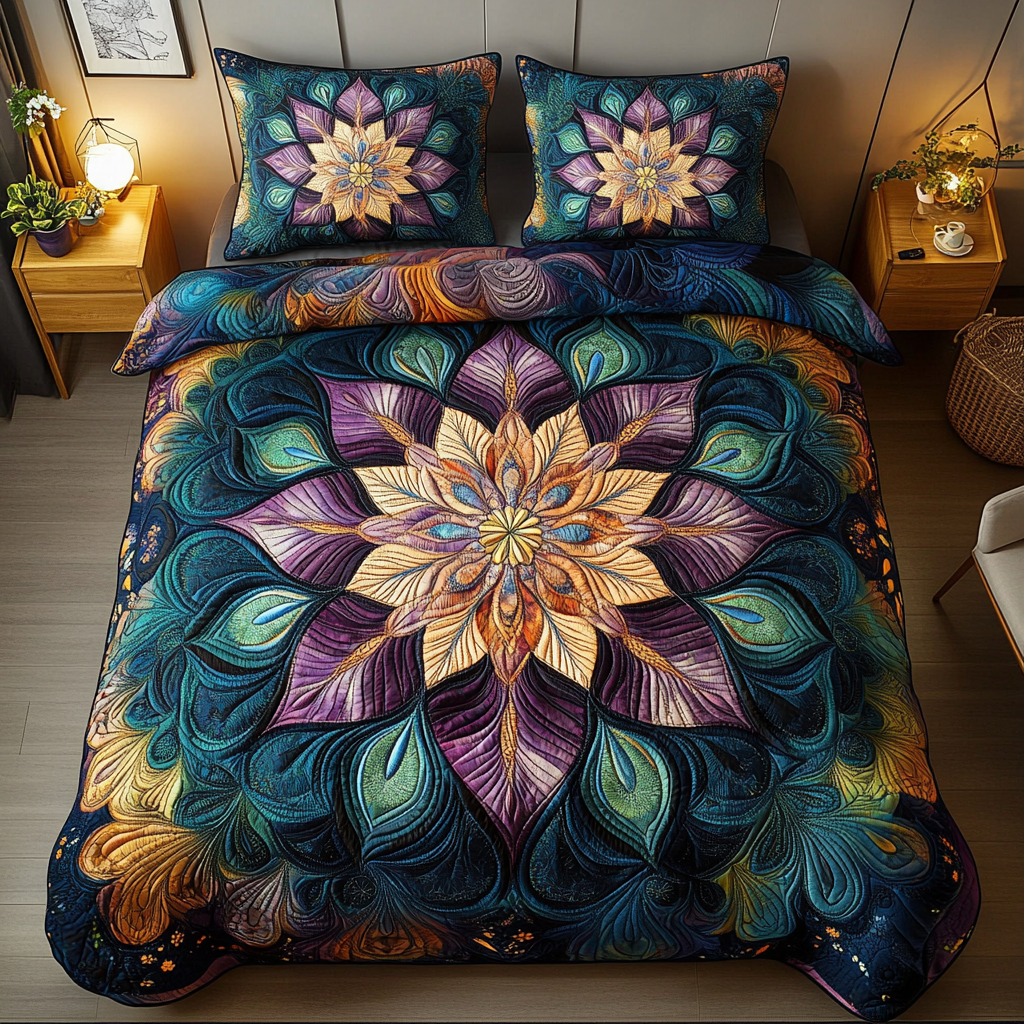 Radiant Mandala Blossom Quilted Bedding Set Gifts For Flower Enthusiasts