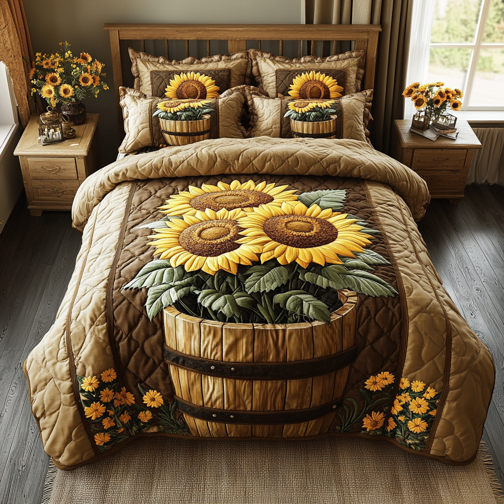 Radiant Sunshine Quilted Bedding Set Sunflower Gift Items