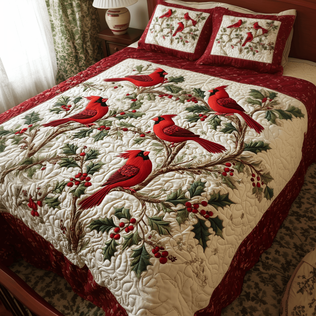Red Feather Elegance Quilted Bedding Set Unique Gifts For Bird Lovers
