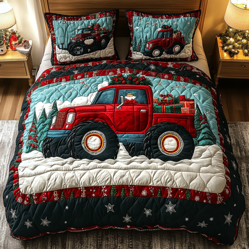 Red Sleigh Truck Quilted Bedding Set Christmas Gift For Girlfriend