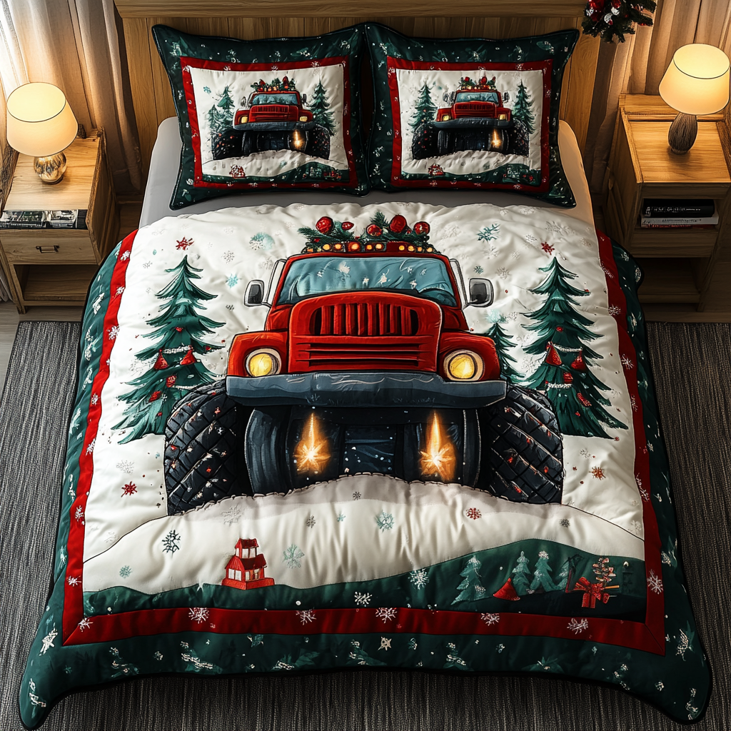 Red Truck Winter Dreams Quilted Bedding Set Christmas Gift For Wife