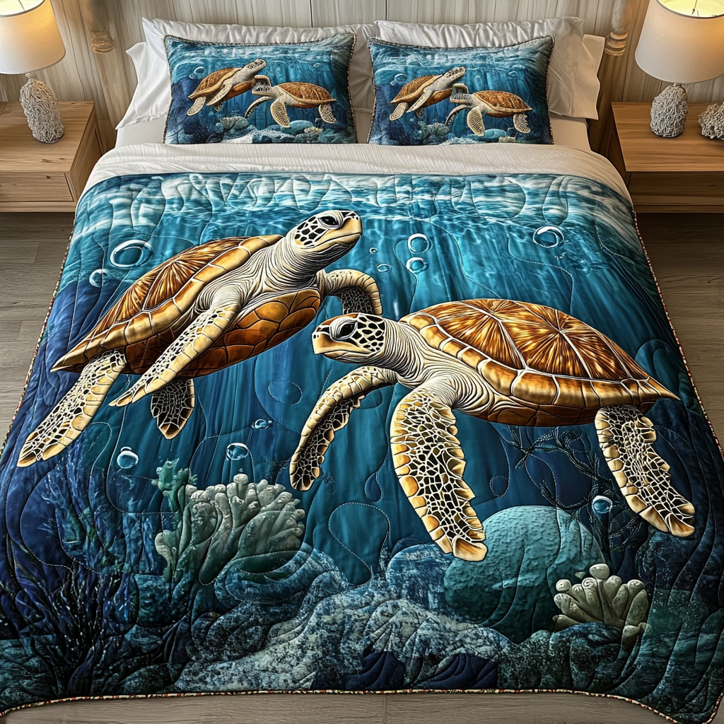 Reef Dance Quilted Bedding Set Gift For Turtle Lover