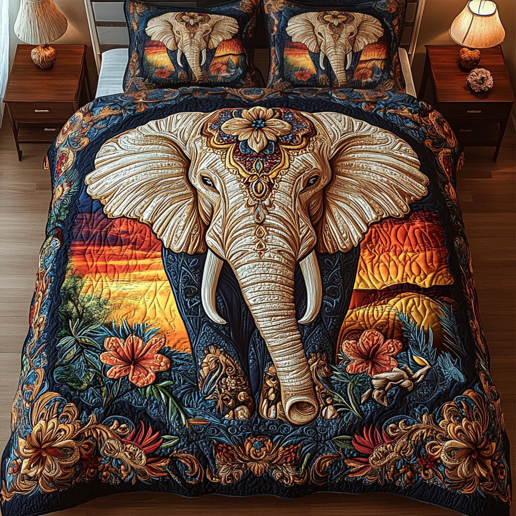 Regal Elephant Quilted Bedding Set Gift For Elephant Lover