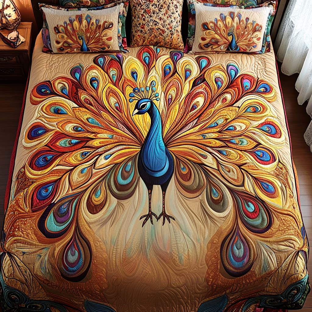 Regal Peacock Display Quilted Bedding Set Gift For Peacock Lover