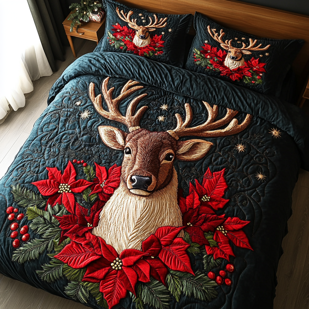 Reindeer Magic Quilted Bedding Set Reindeer Christmas Decorations