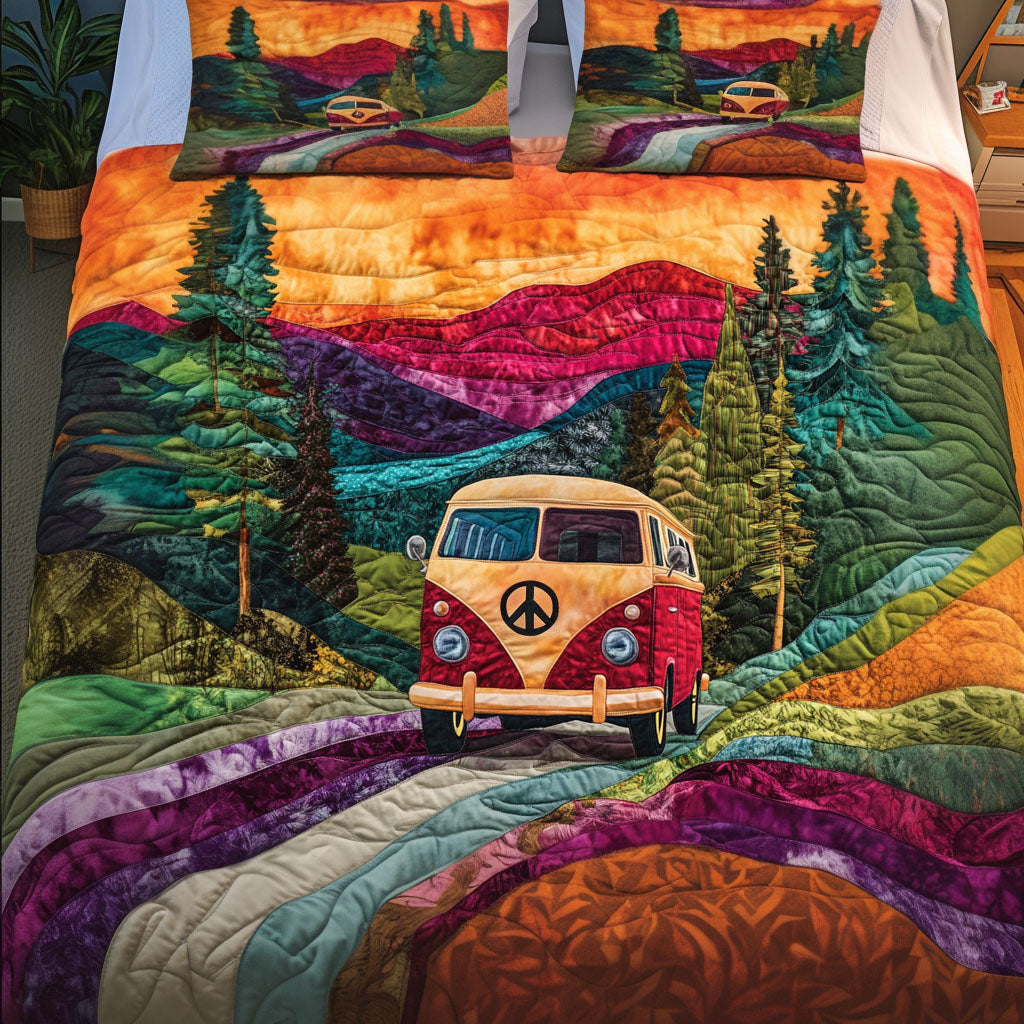 Retro Road Adventure Quilted Bedding Set Cute Bedroom Decor Hippie Dad Gifts